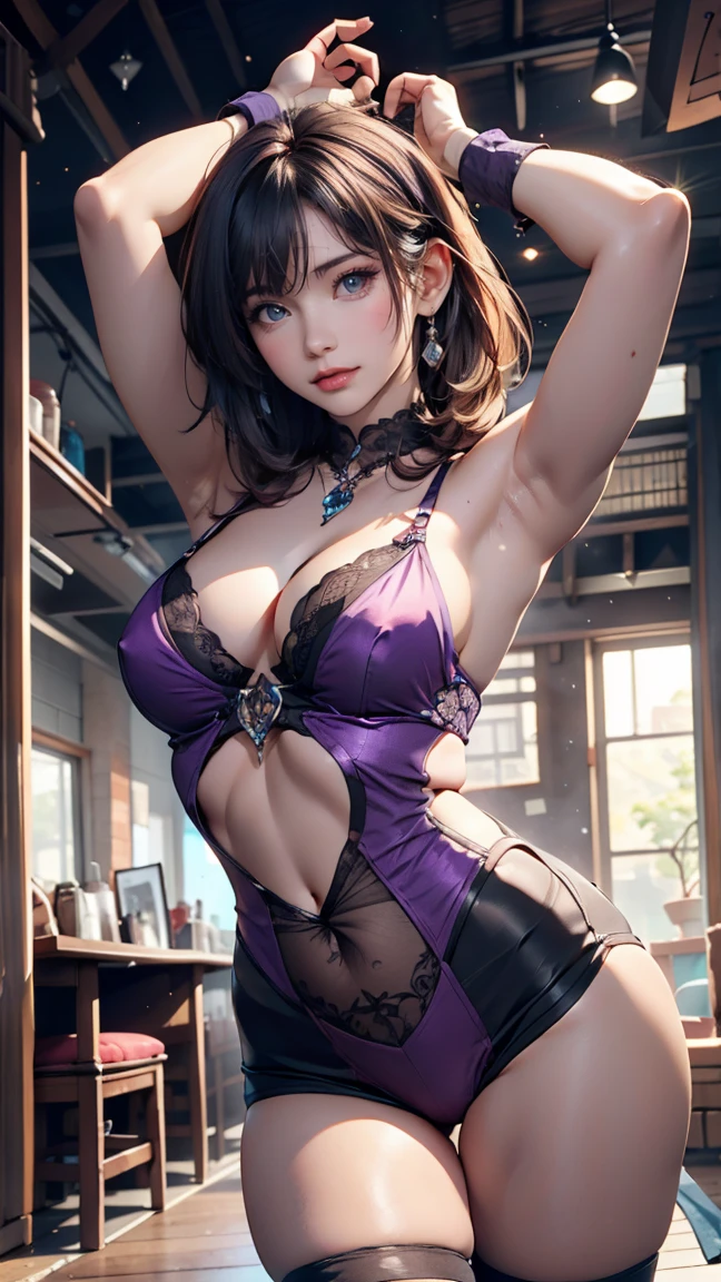 araffes with purpleの髪 is getting her hair done, hair color, purpleのハイライト, 髪にpurpleの筋, purpleの髪, UV reflections, flowing purpleの髪, purpleの髪, long purpleの髪, lavender fur, purpleの長い髪, purpleの長い髪, two tone hair, by lila, Bright rainbow hair colors, purple, Dye your hair, long purpleの髪、2 woman、attractive young woman, (beautiful face:1.1), detailed eyes, seductive lips, (eye makeup:1.2), (medium chest:1.0), (toned body:1.2), sexy proportions、narrow waist、High leg cut（High leg cut）leotard（leotard)、Wristband on wrist、Ankle leg warmers、Dance classes、Bandana on head、smile