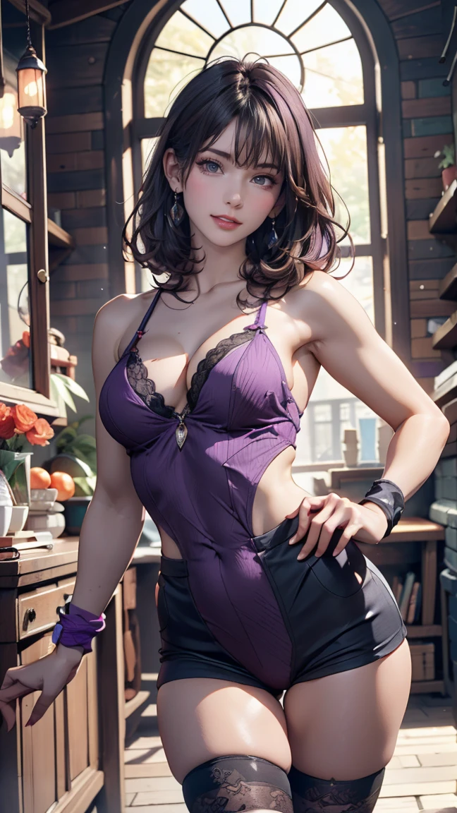 araffes with purpleの髪 is getting her hair done, hair color, purpleのハイライト, 髪にpurpleの筋, purpleの髪, UV reflections, flowing purpleの髪, purpleの髪, long purpleの髪, lavender fur, purpleの長い髪, purpleの長い髪, two tone hair, by lila, Bright rainbow hair colors, purple, Dye your hair, long purpleの髪、2 woman、attractive young woman, (beautiful face:1.1), detailed eyes, seductive lips, (eye makeup:1.2), (medium chest:1.0), (toned body:1.2), sexy proportions、narrow waist、High leg cut(High leg cut)leotard(leotard)、Wristband on wrist、Ankle leg warmers、Dance classes、Bandana on head、smile