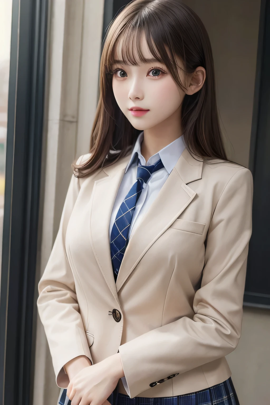 One Girl, 1 person,Highest quality,High resolution,超High resolution,8k,Realistic,Upper Body,encounter_audience,Large Breasts, the body is slim,(blazer School uniform:1.2),