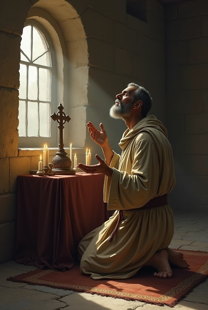 Saint Ignatius of Antioch in a room praying