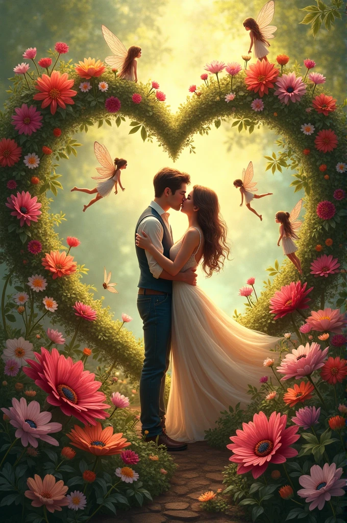 a heart with lots of flowers and fairies around a kissing couple and the name "manuel" and "Ruthy" on their heads
