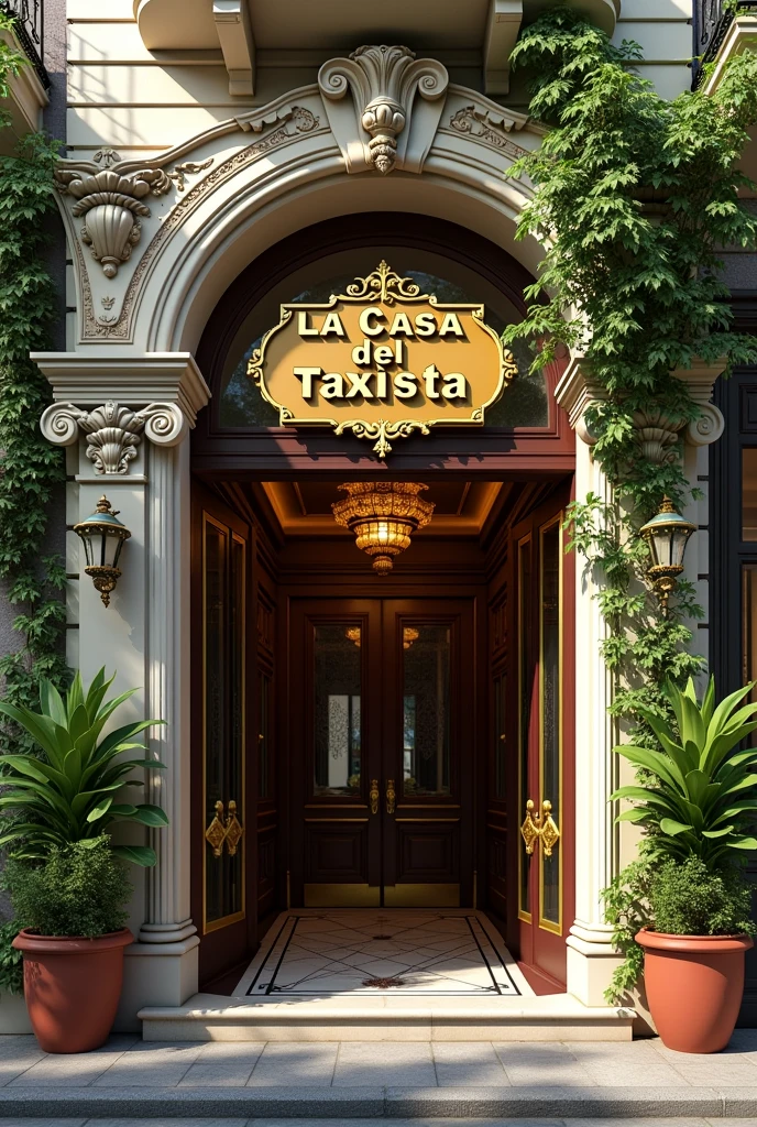 An elegant facade of a reception hall with a 3D gold sign with the Spanish text La Casa del Taxista, with plants outside the premises