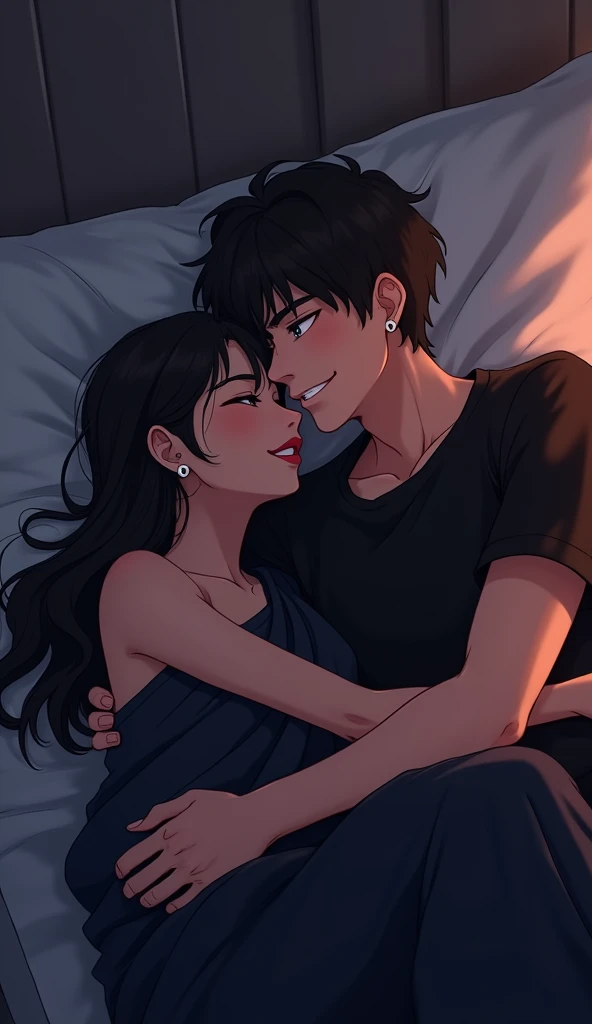 "In a dimly lit room, a 20 Year-old anime couple is lying on a bed together. The girl wears a modern black saree, while the boy is dressed in a black t-shirt. Both have playful, flirtatious expressions but the boy is smiling in a mischievous and sexy way, with their eyes showing a mix of affection and teasing. The soft, ambient lighting and gentle shadows create a cozy, intimate atmosphere, focusing on their close connection and the romantic mood of the scene, 'full body'."
