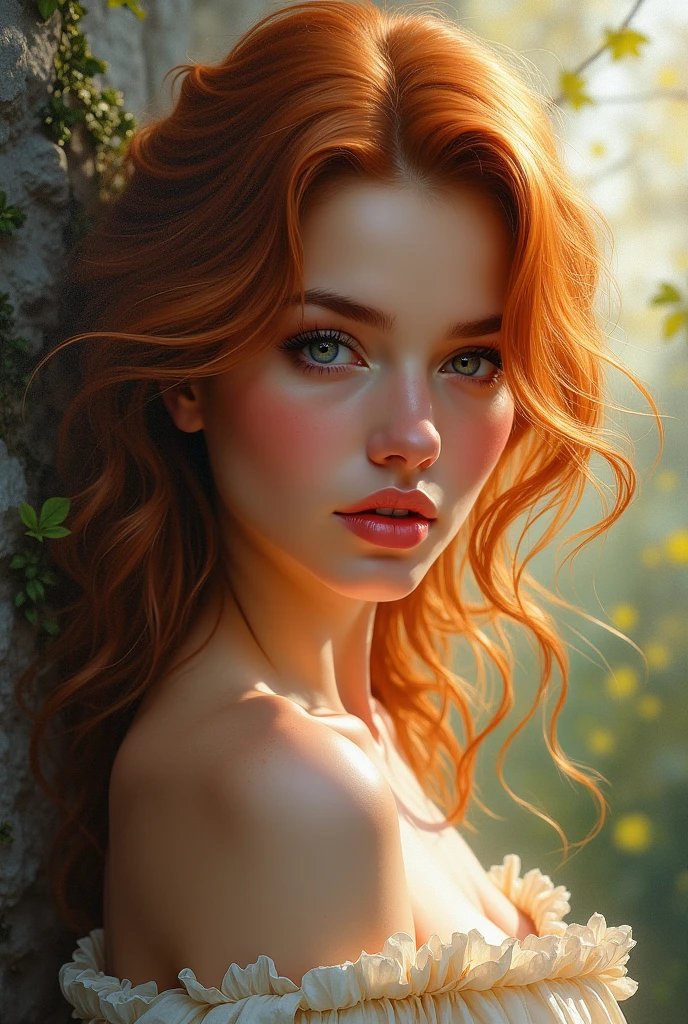 Full medium shot. An ultra hot gorgeous European woman. Age 23. Auburn hair. (Italian:0.6 Swedish:0.8) high quality, highly detailed, illustration, impasto, canvas, oil painting, fantasy, early morning light.