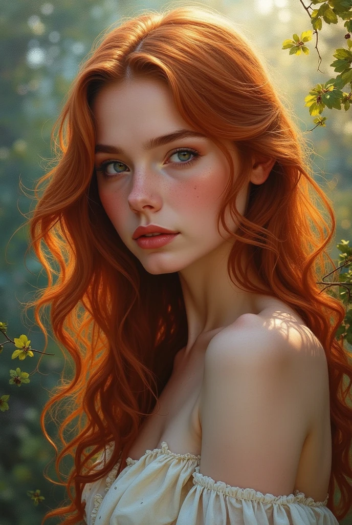 Full medium shot. An ultra hot gorgeous European woman. Age 23. Auburn hair. (Italian:0.6 Swedish:0.8) high quality, highly detailed, illustration, impasto, canvas, oil painting, fantasy, early morning light.
