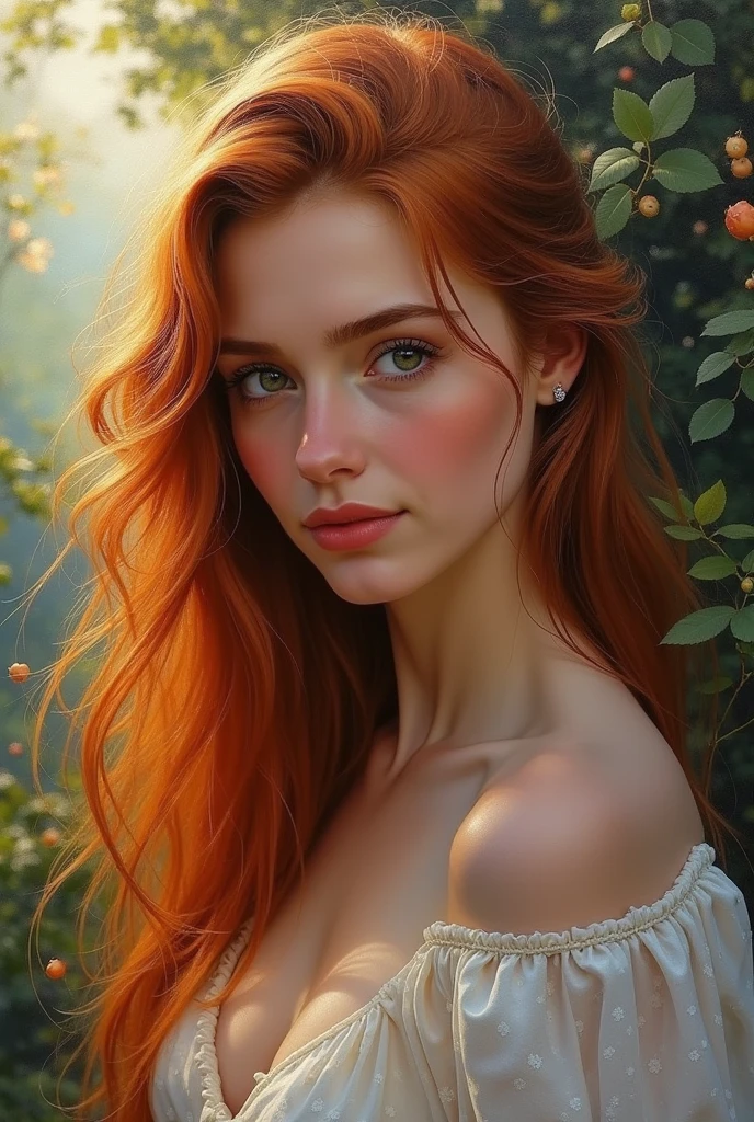 Full medium shot. An ultra hot gorgeous European woman. Age 23. Auburn hair. (Italian:0.6 Swedish:0.8) high quality, highly detailed, illustration, impasto, canvas, oil painting, fantasy, early morning light.