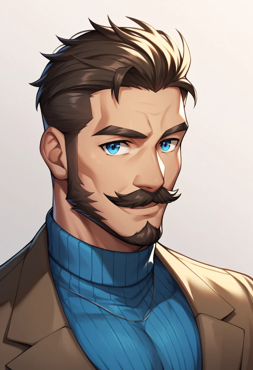 1man, middle-aged man, 4, pompadour hairstyle, dark brown graying hair, blue eyes, Handsome, mustache, beard, muscular, wearing blue sweater, brown trousers, smile, closer distance face, closer distance head, hd, high quality, best quality, masterpiece, 8k resolution