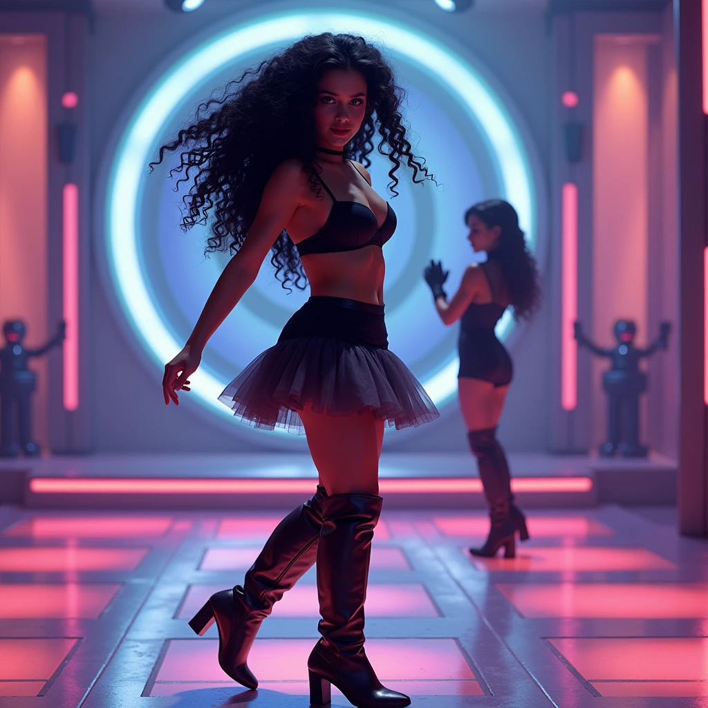 realistic photo of a (pretty girl, 20 years old, brunette, black eyes) as dancer dancing on stage with a gracefull robot at background , (full lips) , ((perfect face)), [[mild smile]], proportionate body,mixed white-latina herritage, beautyfull, beautyfull face, tanned skin, two arms, two legs, five fingers by hand, full body, (softly curly black long hair), human girl and robot dancer dancing togheter on a stage, girl on miniskirt and top dancing at front and gracefull robot dancing at background, overknee boots with high heels, neon lights, tv studio, at tv show
