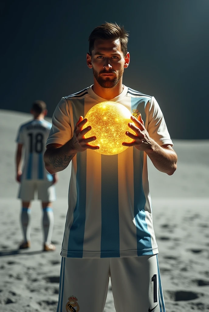 Messi with a golden ball with Neymar on the moon 