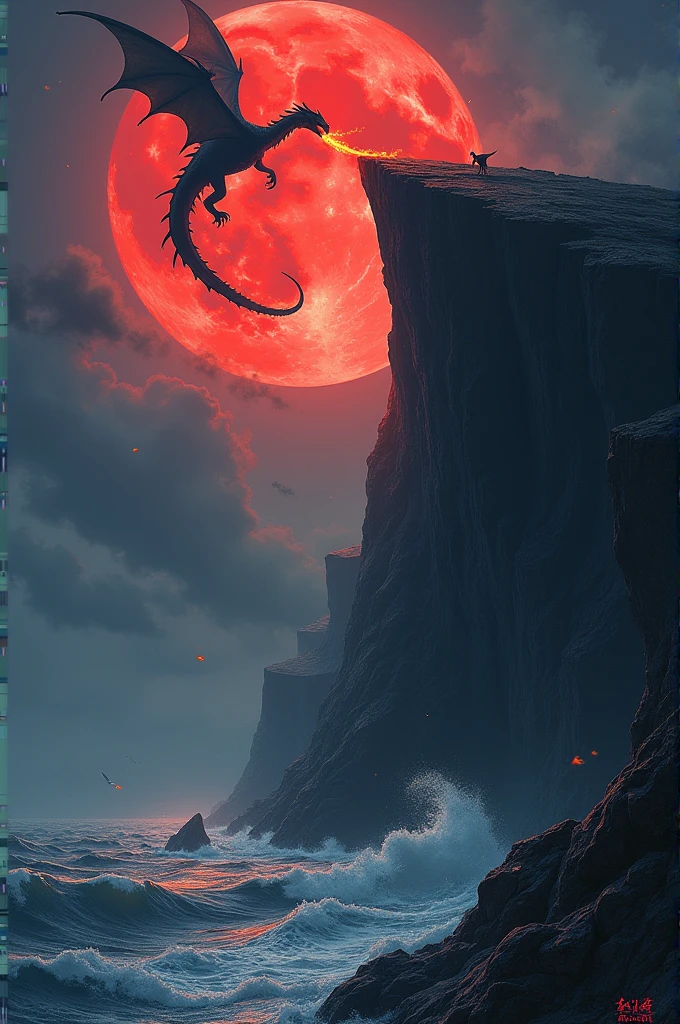 Cliff on the sea shore with dragon flying over it in the night sky and spitting fire towards the red full moon