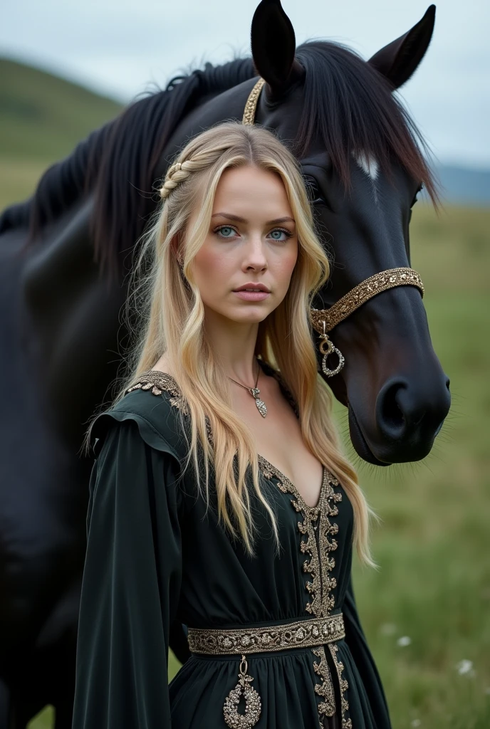 Blue eyed blonde woman with her black horse photo for walpapper