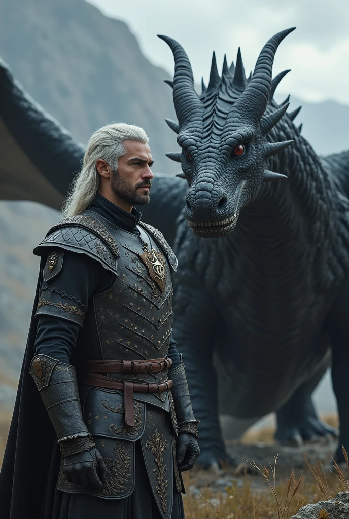 Make an image of a white-haired Targaryen warrior next to his black dragon