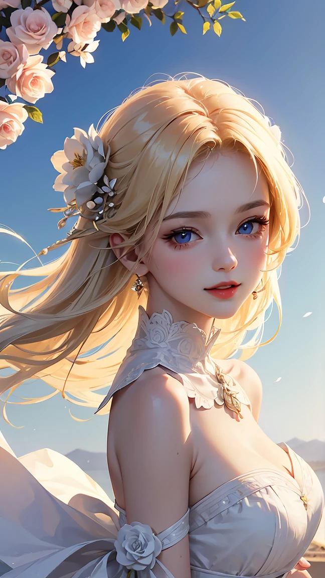 (Highest quality,Very detailed,High resolution,masterpiece,8k),Bright and vibrant colors,Official artwork,Greek white dress,Stylish makeup,Mid length, Shiny blonde hair blowing in the wind,Beautiful long, narrow eyes,Beautiful Blue Eyes,Glossy Lips,Beautiful woman with plump breasts,Beautiful neckline, Beautiful full body style,Holding,A beautiful and elegant smile,Old temple,Rose flower,Detailed CG,
