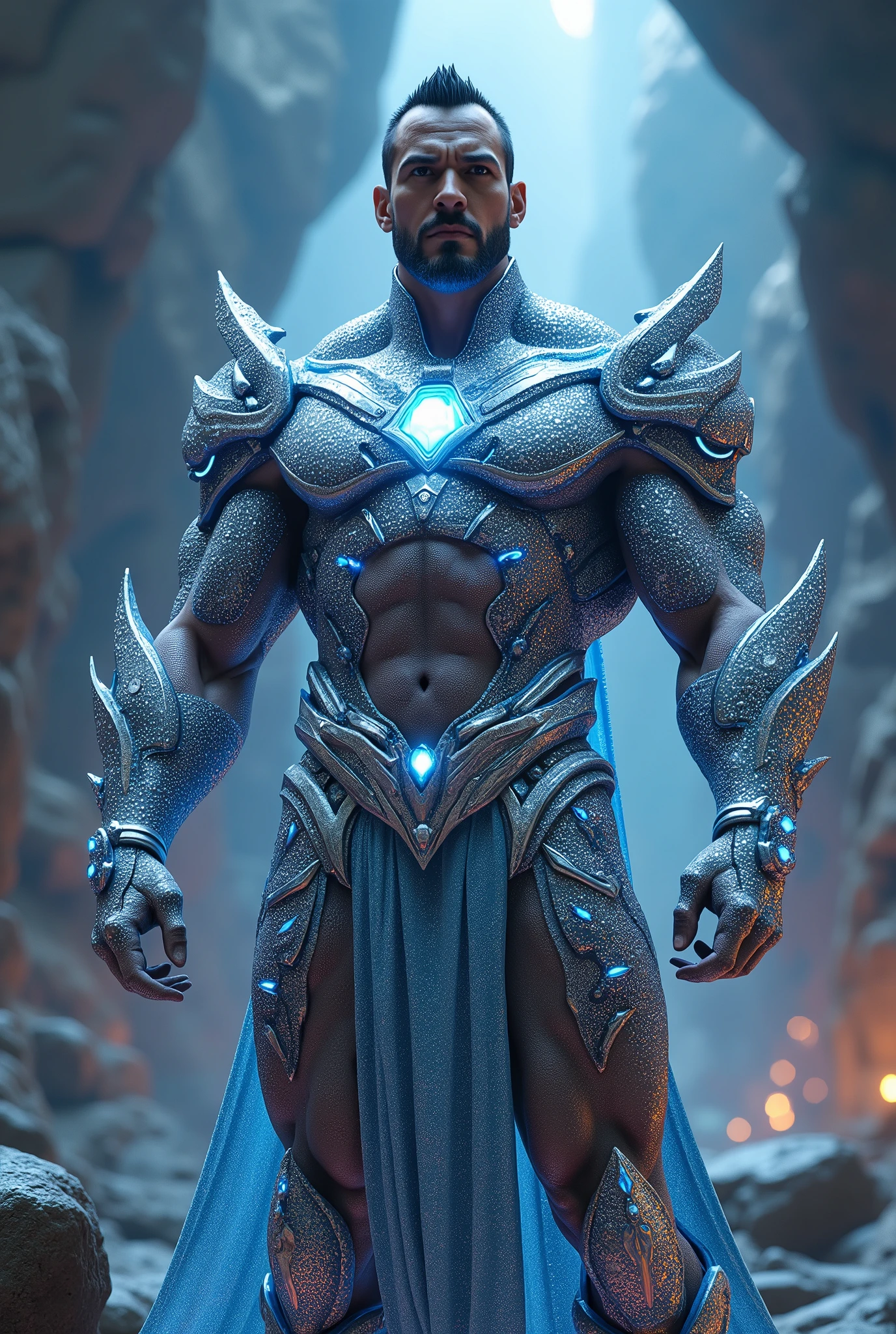 A robust and muscular superhero wearing a diamond armor