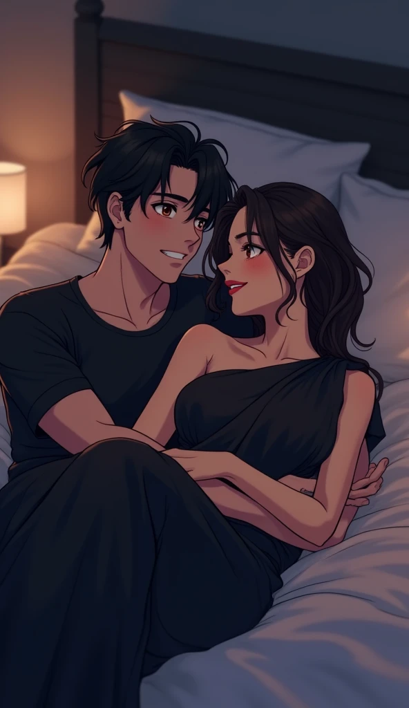 "In a dimly lit room, a 20 Year-old anime couple is lying on a bed together. The girl wears a modern black saree, while the boy is dressed in a black t-shirt. Both have playful, flirtatious expressions but the boy is smiling in a mischievous and sexy way, with their eyes showing a mix of affection and teasing. The soft, ambient lighting and gentle shadows create a cozy, intimate atmosphere, focusing on their close connection and the romantic mood of the scene, 'full body'."