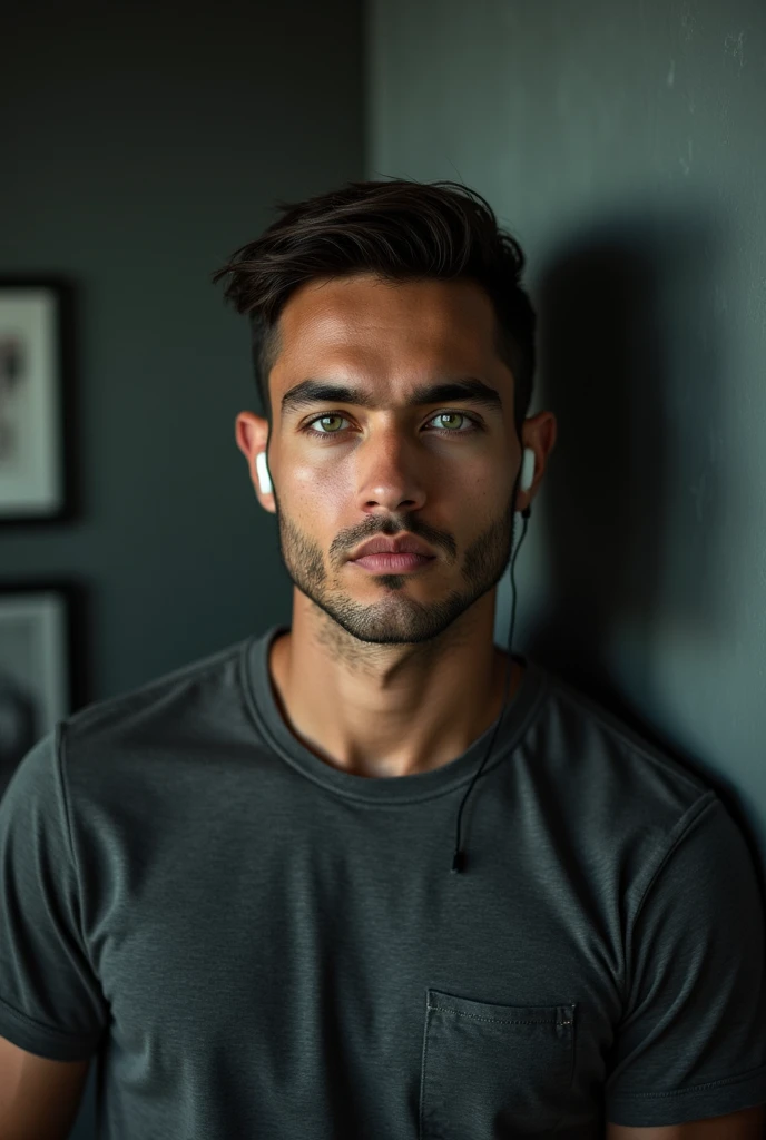 A 30-year-old mestizo man with warm-toned skin and striking green eyes that reflect a hidden intensity is depicted in a detailed portrait. His dark brown hair is cut short in a futuristic style, featuring clean lines and modern textures that suggest an advanced, sophisticated look. He wears sleek, minimalist earpods that blend seamlessly with his overall appearance. Dressed in casual attire, he sports a fitted, dark grey T-shirt that subtly highlights his athletic build, paired with well-worn, dark denim jeans that add a relaxed, effortless vibe. The lighting accentuates the contours of his face and the precision of his haircut, while an abstract background in dark, metallic tones emphasizes the technological and avant-garde atmosphere of the scene. The image is in high resolution (4K), with sharp focus on the details, capturing the modern and stylish yet casual essence of the man