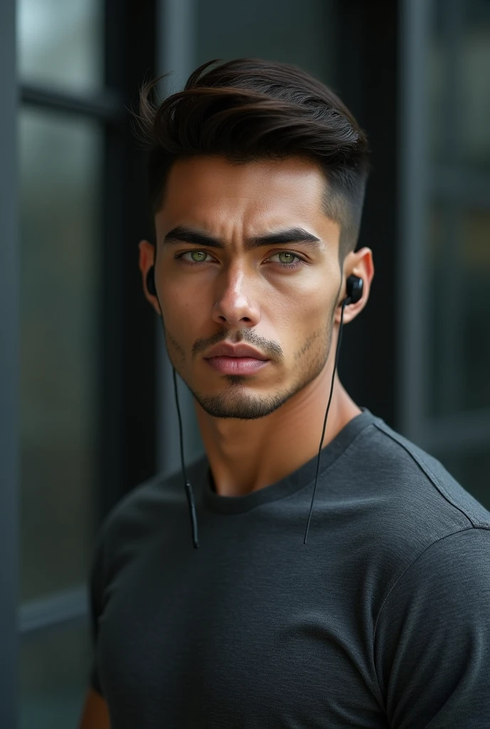 A 30-year-old mestizo man with warm-toned skin and striking green eyes that reflect a hidden intensity is depicted in a detailed portrait. His dark brown hair is cut short in a futuristic style, featuring clean lines and modern textures that suggest an advanced, sophisticated look. He wears sleek, minimalist earpods that blend seamlessly with his overall appearance. Dressed in casual attire, he sports a fitted, dark grey T-shirt that subtly highlights his athletic build, paired with well-worn, dark denim jeans that add a relaxed, effortless vibe. The lighting accentuates the contours of his face and the precision of his haircut, while an abstract background in dark, metallic tones emphasizes the technological and avant-garde atmosphere of the scene. The image is in high resolution (4K), with sharp focus on the details, capturing the modern and stylish yet casual essence of the man