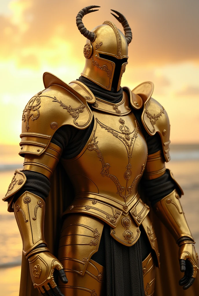 Create a realistic image of Cancer's Golden Armor, inspired by the series 'Knights of the Zodiac'. The armor must be golden, with a design that refers to the Cancer symbol, the crab. Include elements such as stylized pincers on the helmet and details that mimic the shape of hooves or shells.. Add realistic textures to capture the shine and depth of gold, with a polished and detailed finish. Armor should look imposing and protective., with metal plates that suggest resistance and solidity. The background can be a scene that refers to the sea or a mystical landscape., like a beach at sunset or a heavenly environment, to reflect the character's protective and emotional nature."