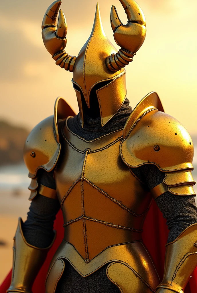 Create a realistic image of Cancer's Golden Armor, inspired by the series 'Knights of the Zodiac'. The armor must be golden, with a design that refers to the Cancer symbol, the crab. Include elements such as stylized pincers on the helmet and details that mimic the shape of hooves or shells.. Add realistic textures to capture the shine and depth of gold, with a polished and detailed finish. Armor should look imposing and protective., with metal plates that suggest resistance and solidity. The background can be a scene that refers to the sea or a mystical landscape., like a beach at sunset or a heavenly environment, to reflect the character's protective and emotional nature."