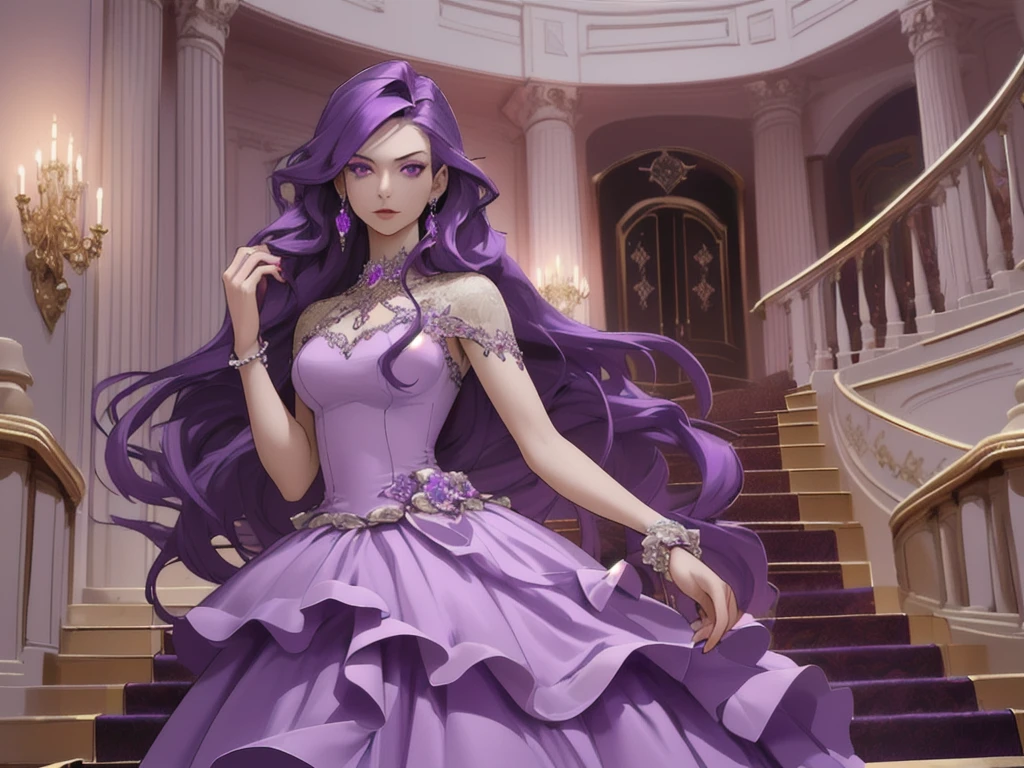 a high resolution, 1 girl, long hair, purple hair, looks at the viewer, Jewelry, purple eyes, earrings, beautiful red ball gown, Shine, luxury staircase background, dynamics