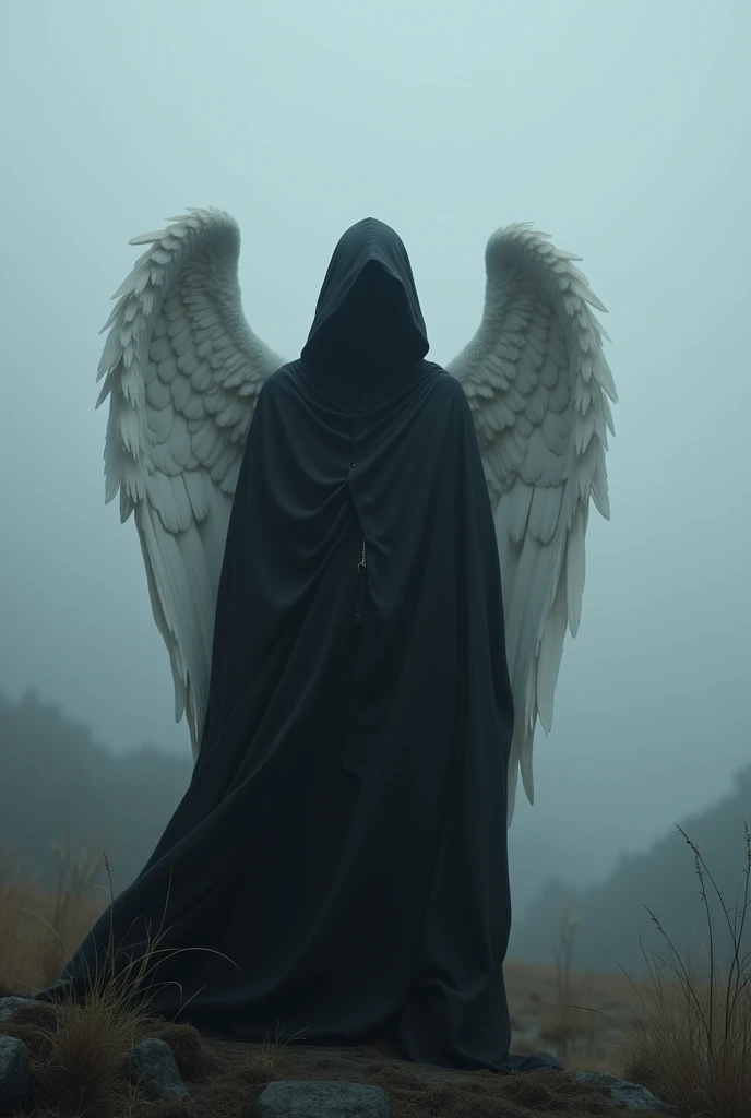 work of art, best qualityer, ultra high resolution, comely, visually stunning, chic, Incredible details, award-winning art, g0s1, angel,hooded cloak,torn cloak, with no face, naturey, forst, natta, fog, natta sky, 1 men, standing alone, sin humanos, black clothing, white wings