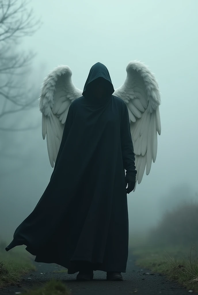 work of art, best qualityer, ultra high resolution, comely, visually stunning, chic, Incredible details, award-winning art, g0s1, angel,hooded cloak,torn cloak, with no face, naturey, forst, natta, fog, natta sky, 1 men, standing alone, sin humanos, black clothing, white wings