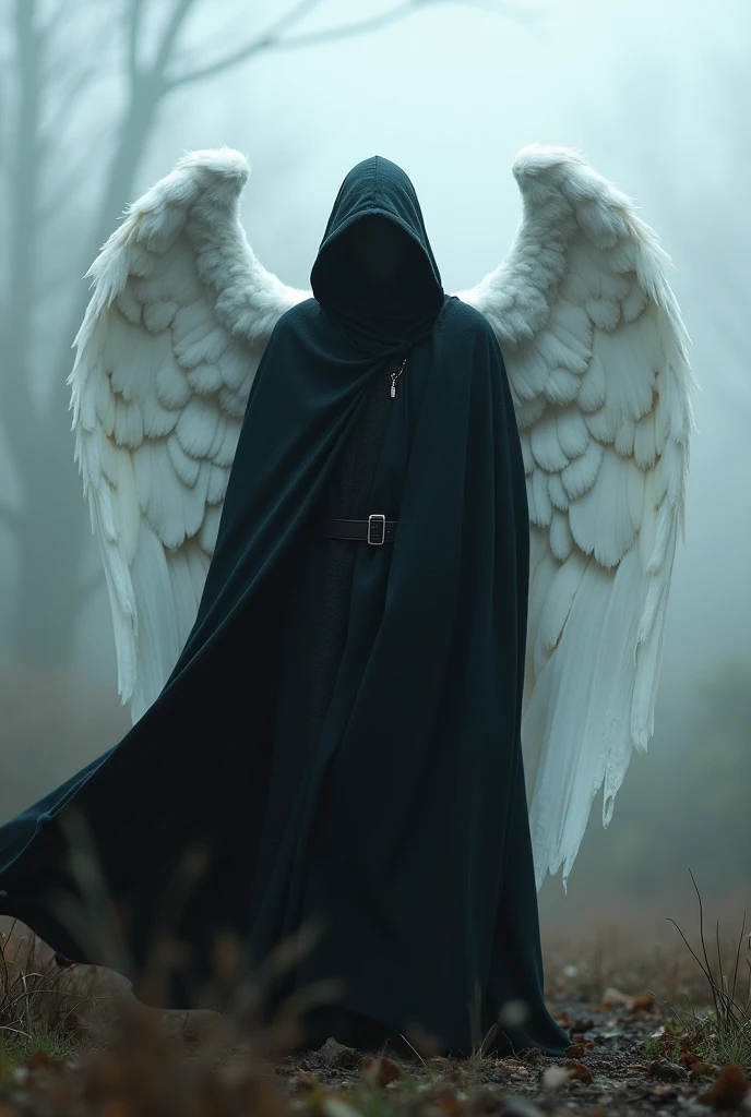 work of art, best qualityer, ultra high resolution, comely, visually stunning, chic, Incredible details, award-winning art, g0s1, angel,hooded cloak,torn cloak, with no face, naturey, forst, natta, fog, natta sky, 1 men, standing alone, sin humanos, black clothing, white wings