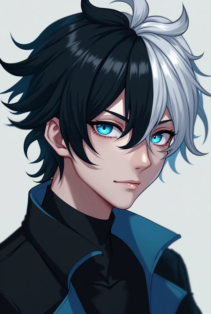 Male with black and white hair and blue eyes