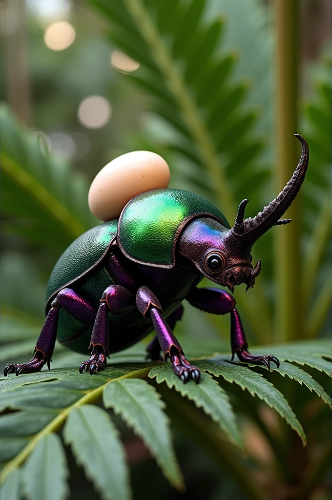 A Venomous Green mixed purple sago palm rhino beetle on a sago palm leaves carry a egg on its back