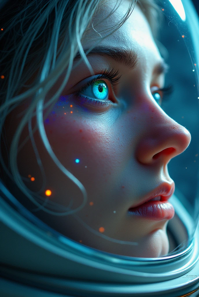 (Close-up of a better masterpiece:1.5)0.9], (Space and astronauts:1.2) (Messy silver hair:1.1) (Heterochromia xanthochromia and blue eyes:1.2) (Space Helmet:1.0) (Colored stars in the eyes:1.0) (A radiant glow:1.1) (thick lips:0.9)