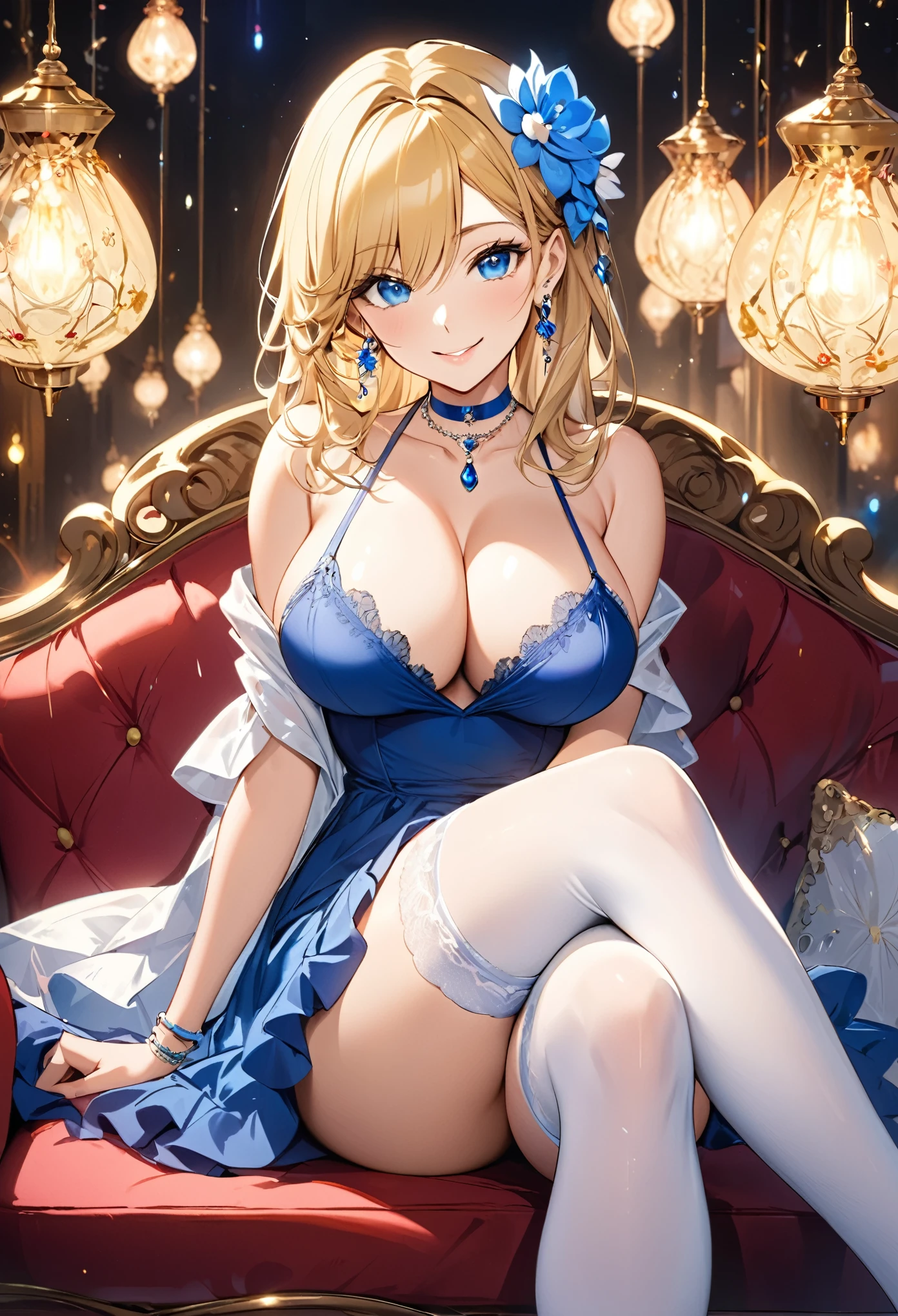 an cartoon painting of a women in underwear on a couch with lights surrounding her, 1girl, breasts, solo, blue eyes, sitting, large breasts, hair ornament, cleavage, jewelry, thighhighs, flower, looking at viewer, crossed legs, earrings, smile, hair flower, bare shoulders, thighs, white thighhighs, blonde hair, dress, choker