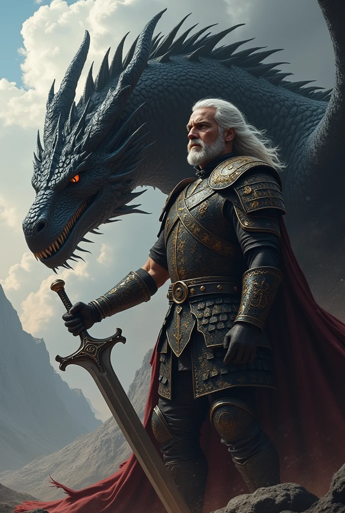 Make an image of a white-haired Targaryen warrior next to his fearsome black dragon