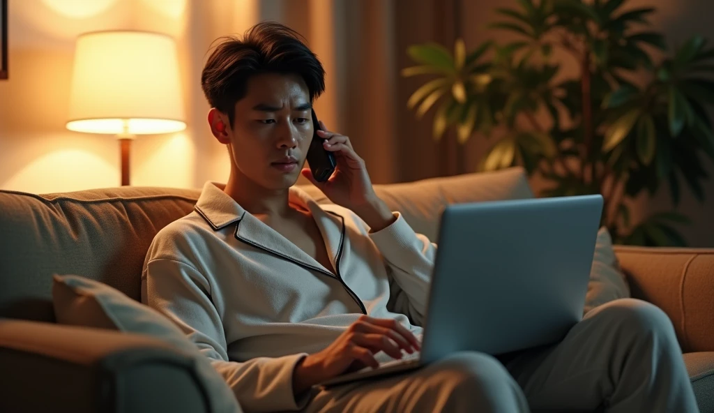A Japanese salaryman relaxing with a drink in his living room after returning home from work, suddenly interrupted by an urgent call from the office, forcing him to reluctantly power on his laptop. The scene is realistic, showing the sudden shift from relaxation to concern, with a slightly tired expression on the salaryman’s face. He is seated on the sofa in loungewear, holding his phone in one hand while operating the laptop with the other. The background features a warmly lit living room, reflecting the unexpected busyness of the situation