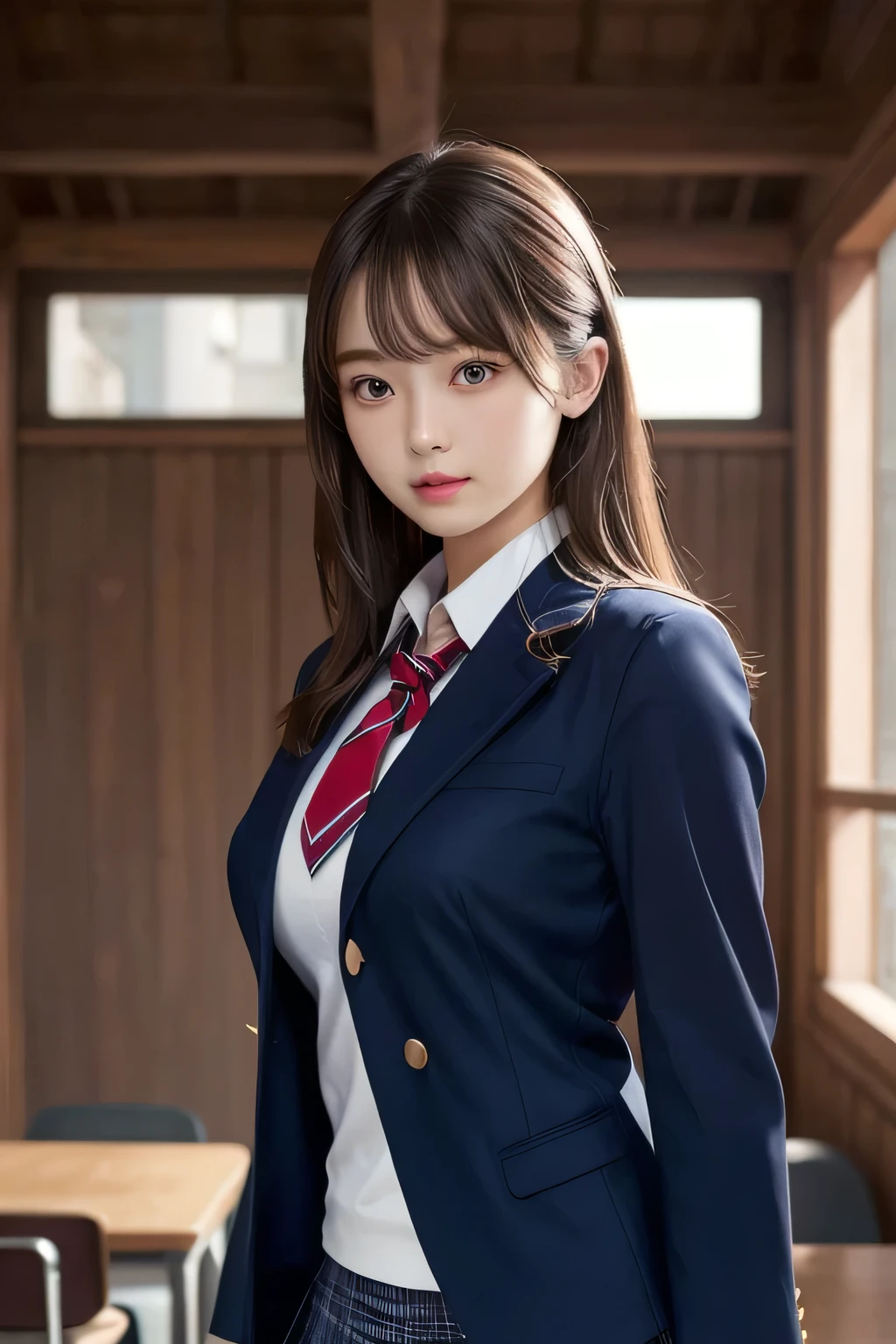 One Girl, 1 person,Highest quality,High resolution,超High resolution,8k,Realistic,Upper Body,encounter_audience,Large Breasts, the body is slim,(blazer School uniform:1.2),