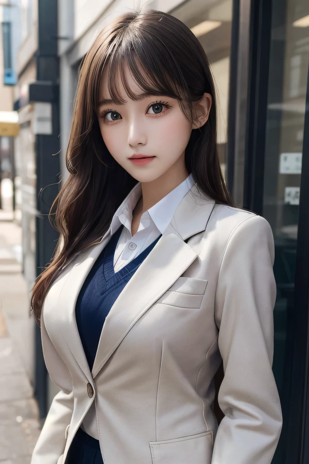 One Girl, 1 person,Highest quality,High resolution,超High resolution,8k,Realistic,Upper Body,encounter_audience,Large Breasts, the body is slim,(blazer School uniform:1.2),