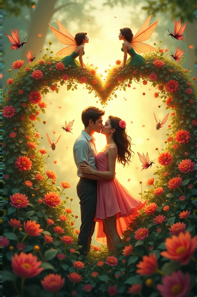 a heart with lots of flowers and fairies around a kissing couple and the name &quot;manuel&quot; and &quot;Ruthy&quot; on their heads