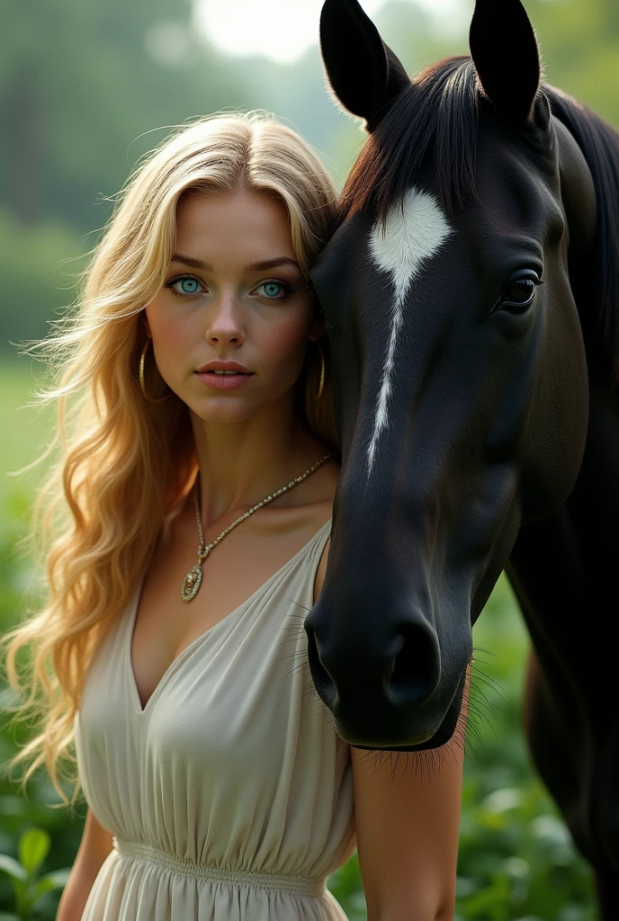 Drawing of a blonde woman with blue eyes with her black horse photo for walpapper l