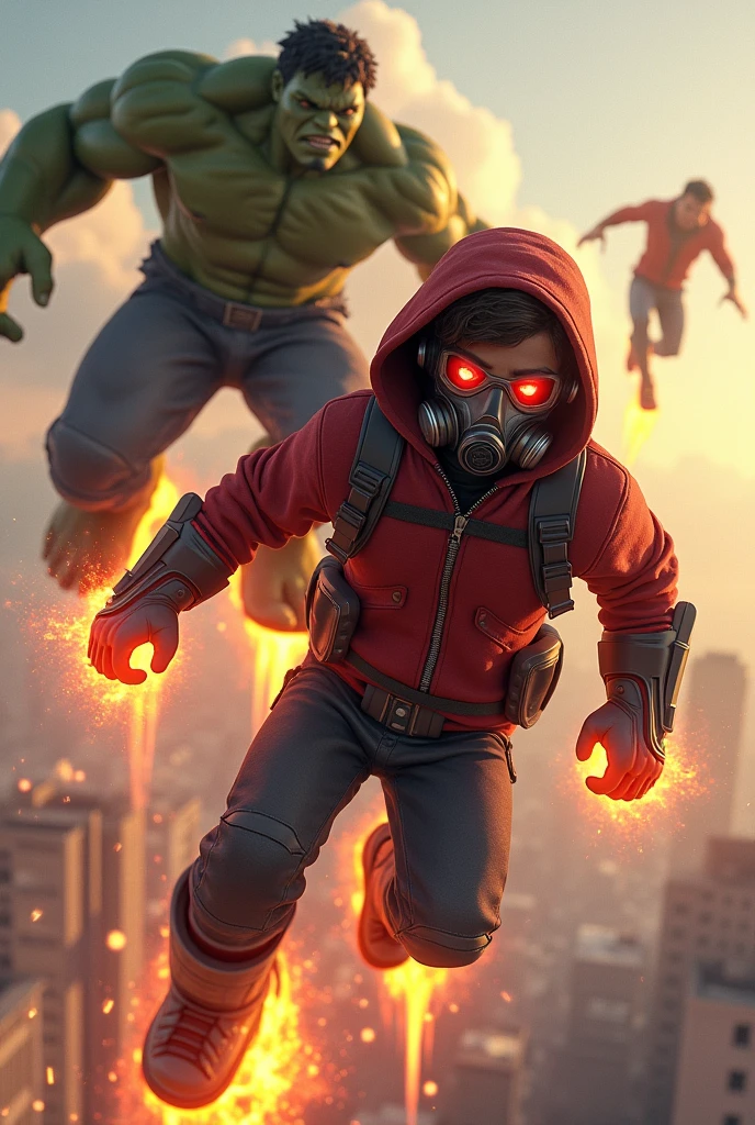Young Star-lord with red hoodie, headphones, star-lord helmet, gas helmet, covered mouth, round red eyes, Red eyes, magic rings in the hands and rocket boots, Vs. Hulk , Fighting, power, fiction, full body, 2 person, magic lasso, flying in the sky, hight, fall, fire in boots, poweful spells, fighting, realistic, helmet, mask, red cape, confrontation, punch