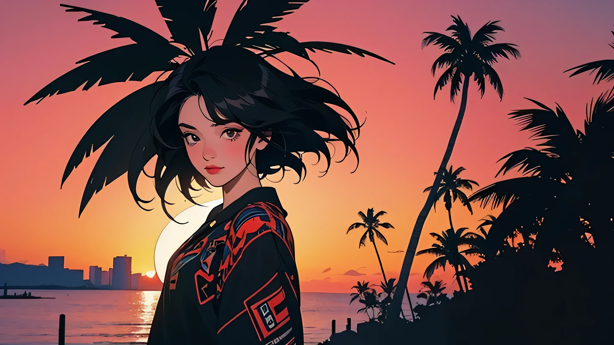 retro girl, Miami, sunset, Ferrari, palm tree, 90s, (Flat color, flat texture, line art:1.2), graphic design, (Heavy ink, ink black), 