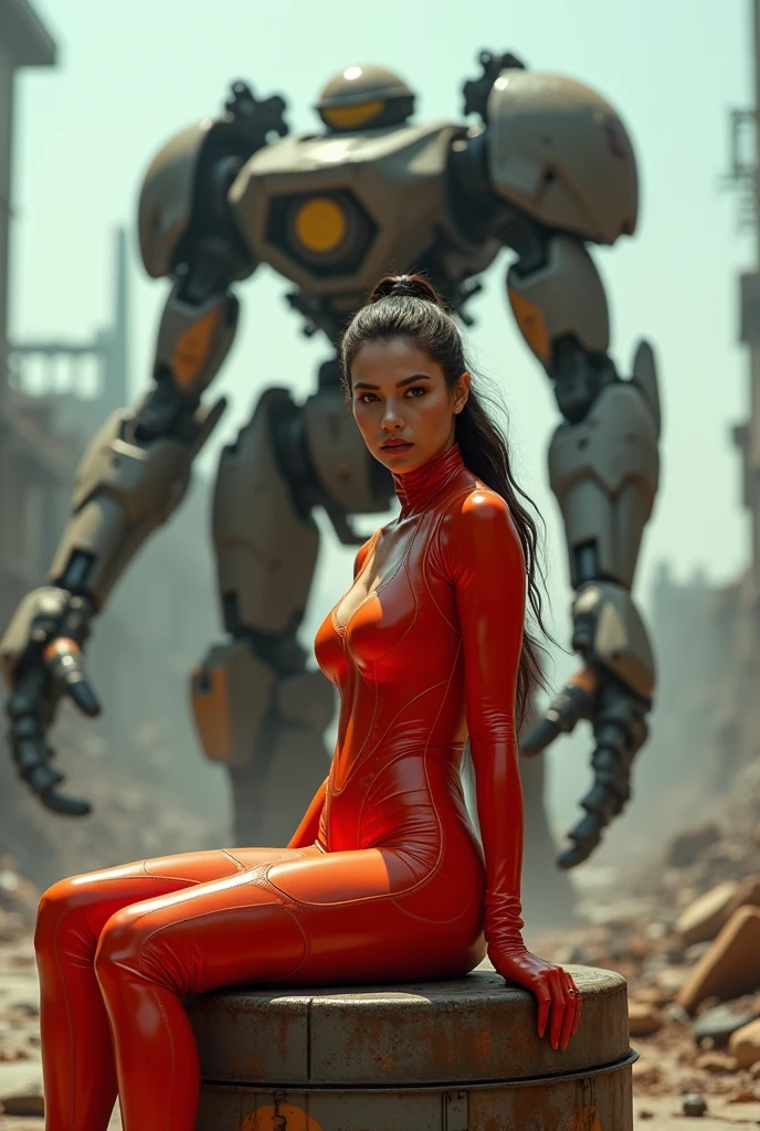 A futuristic scene featuring a sexy female character in a striking tight latex red bodysuit with orange accents, seated confidently on a container amidst a war-torn urban landscape. Behind her towers a large, menacing mech, partially damaged, with visible mechanical parts and atmospheric debris. The sunlight casts dramatic shadows, emphasizing the details of the suit and the mech's structure. The environment reflects advanced technology and a post-apocalyptic vibe, with a blend of rubble and high-tech elements. The character's expression is determined and fierce, showcasing a blend of strength and vulnerability.