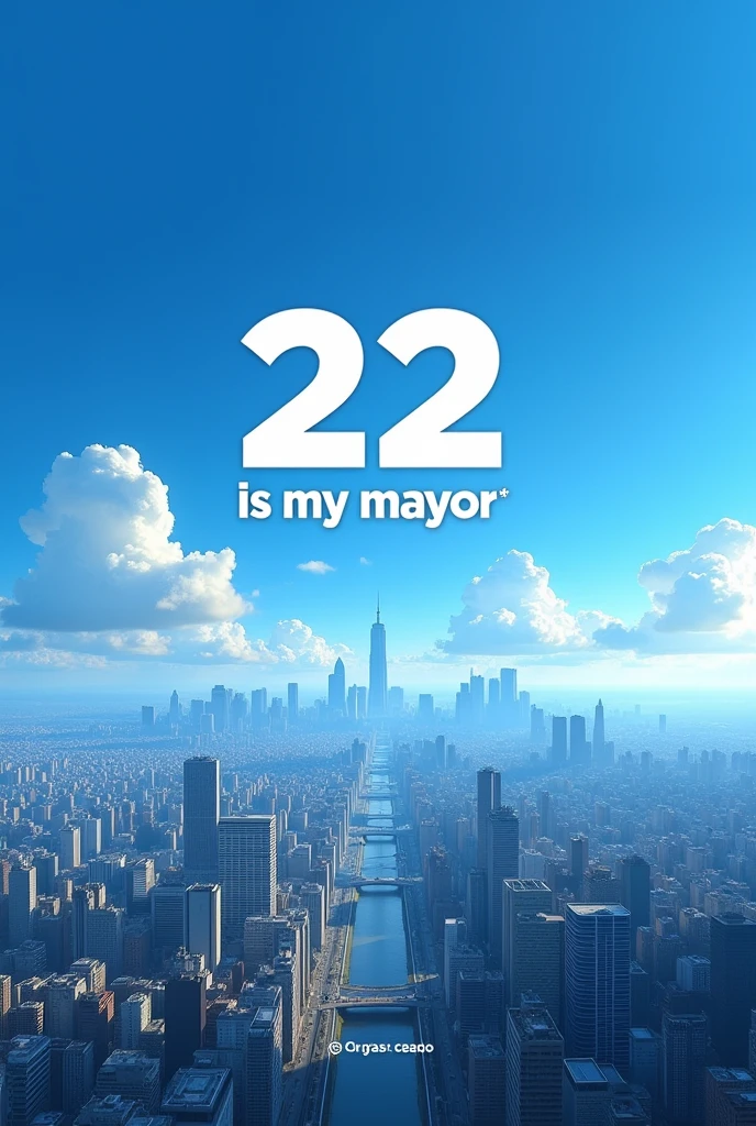 Generate an image with a royal blue background with a city being seen from a long distance out of focus and in front of the city the following text "22 is my mayor Vote for Junior Matos for the happiness of the people of Godofredo"