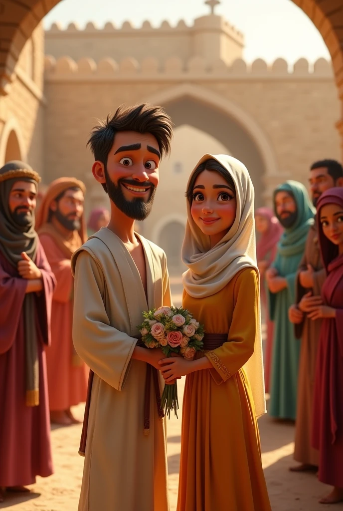 En un estilo Disney Pixar Crear un joven de piel blanca sonriente  y regocijado normal size  adulto vestido de túnica estilo tiempos bíblicos de pelo y ojos negros, and beard, marrying a white-skinned girl, normal size, beautiful, without hair earrings and black eyes ,in a biblical-style Jerusalem village, surrounded by guests all dressed in biblical-style robes. And the guests with hijab on their heads.