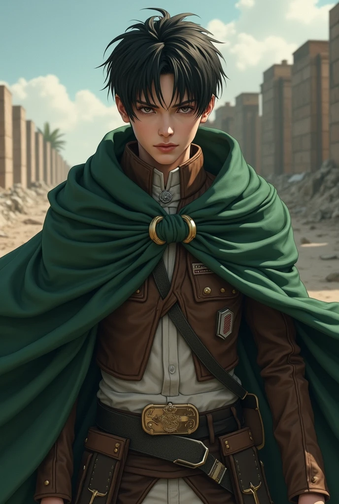 BTS's Taehyung dressed as Levi Ackerman wearing Scout Regiment clothes from the anime Attack on Titan