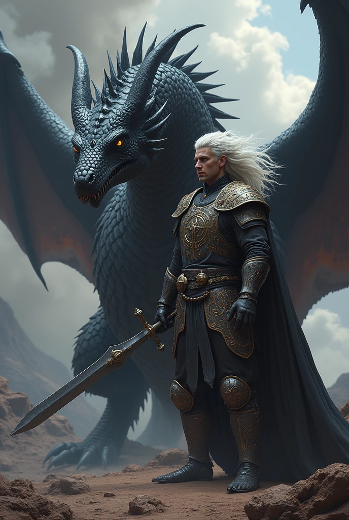 Make an image of a white-haired Targaryen warrior next to his fearsome black dragon 
