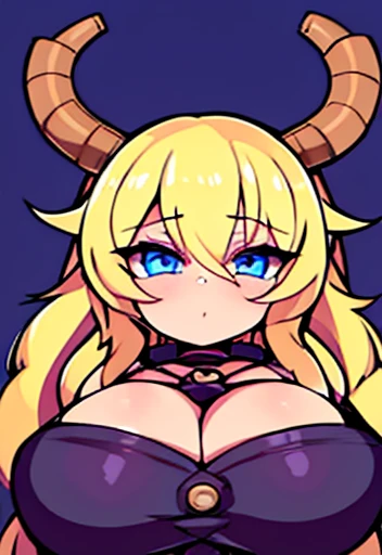 Busty chibi blonde hair, dragon horns and pigtails , blue eyes smooth skin, flushed, and looking at the viewer impressive huge tits, anxiety about the situation