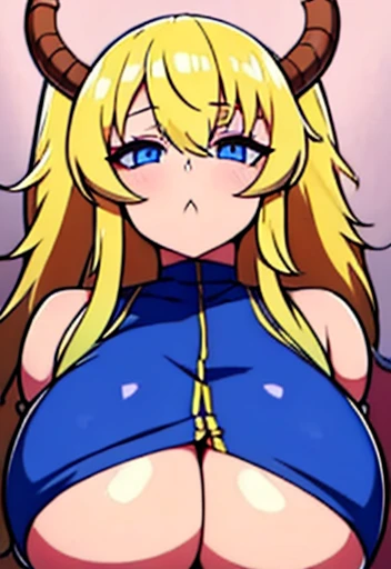 Busty chibi blonde hair, dragon horns and pigtails , blue eyes smooth skin, flushed, and looking at the viewer impressive huge tits, anxiety about the situation