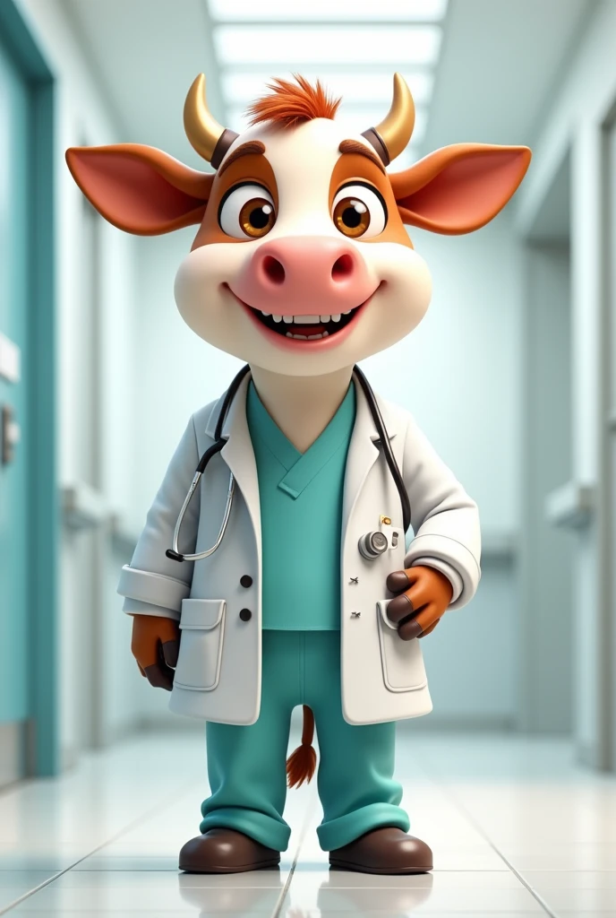An animated cow wearing a doctor's surgical clothes