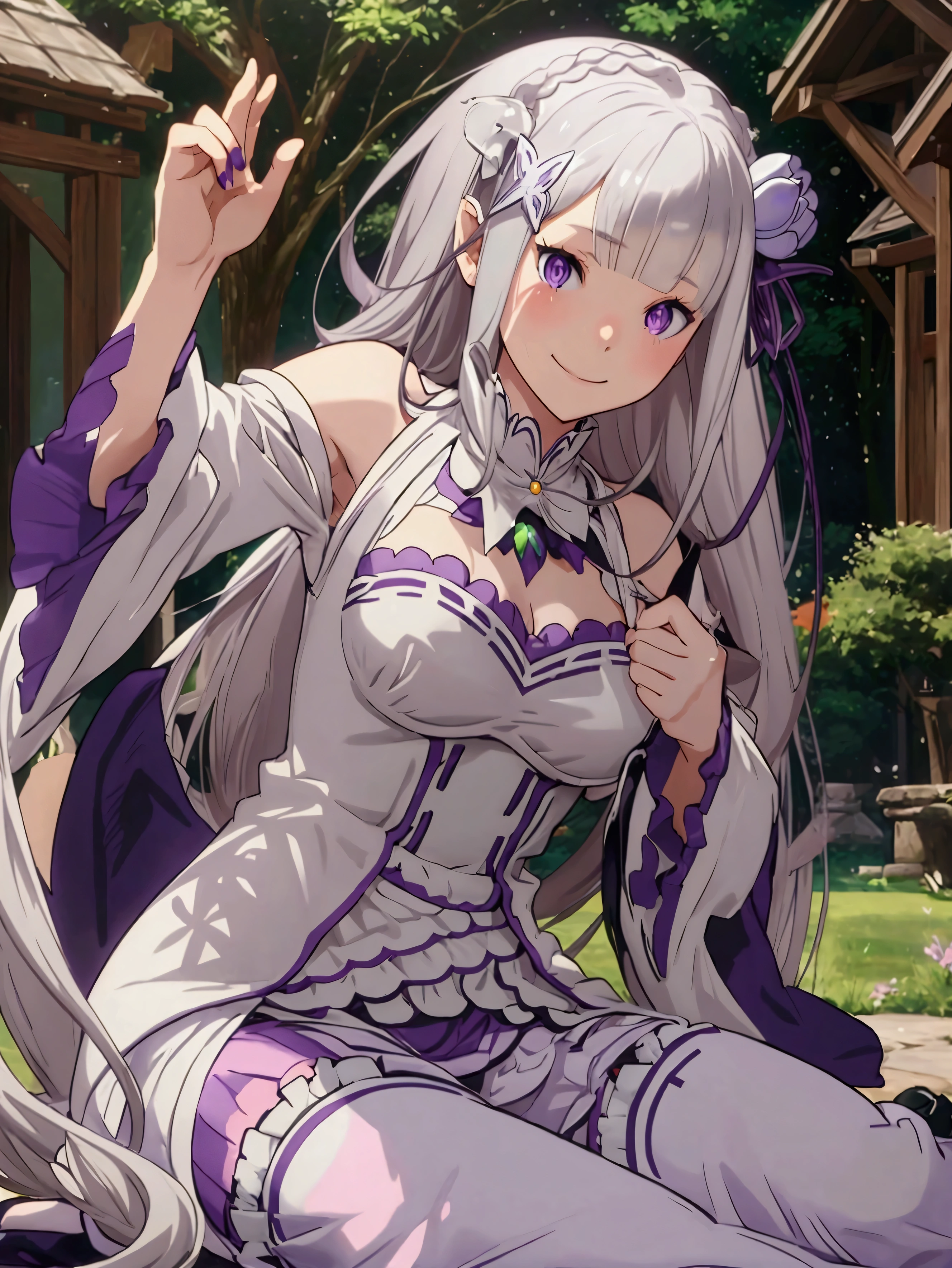 masterpiece, hd, vibrant colours, best quality, ultrares. absurdres, realistic, 1girl, Emilia Re:Zero, crown blade, flower hair ornament, x Hair ornament, gray hair, long hair, purple eyes, fantasy, magic effect, smile, estate background trees, flower beds