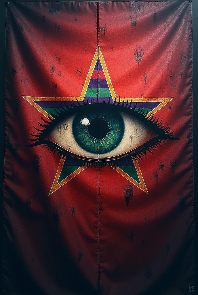 flag with an eye in the middle that has a star with 3 red, purple and green stripes inside the eye 
