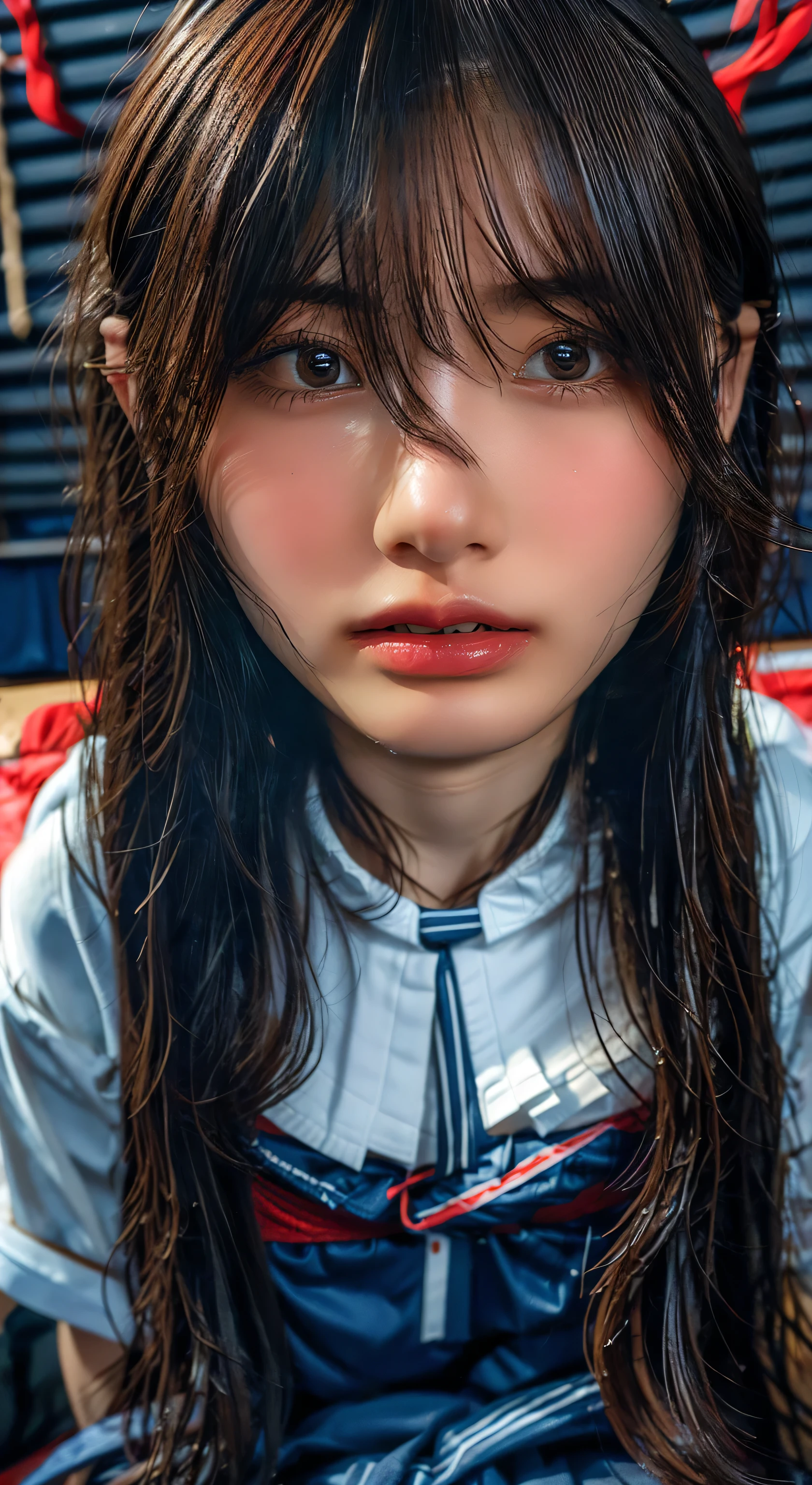 (Highest quality、Tabletop、、Best image quality、Award-winning works)、Extremely cute and lewd high school girl、White polyester collared shirt ripped because her breasts were too big、Short sleeve:1.4)、(Navy Pleated Skirt:1.1)、Girl portrait photography、Glowing Skin、Brown Hair、Are standing、View your viewers、Sculpture Pose、(Classroom Background:1.45)、(Large Breasts:1.8)、Accentuate your body lines:1.1)、Very large red ribbon tie、Very long hair:1.75、((A face begging a man for sex:1.95))
